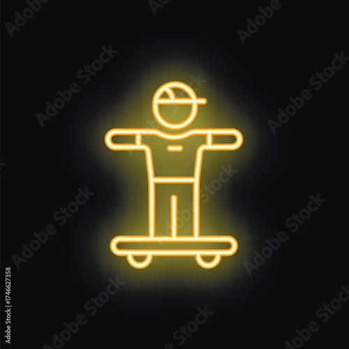 Yellow neon sign of a teenager riding an electric skateboard, with arms out wide for balance