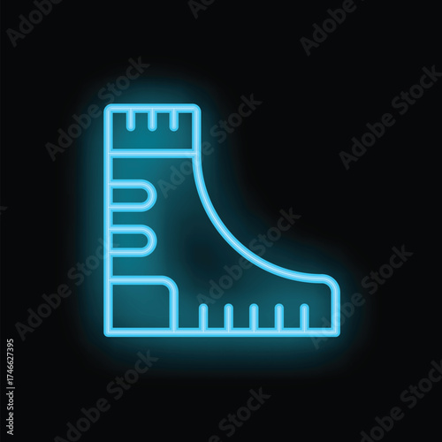 Bright neon blue icon glowing on a dark background, depicting a protective work boot, emphasizing workplace safety