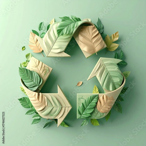 Eco-Friendly Loop: The universally recognized recycling symbol, artfully composed with leaves, representing environmental consciousness and sustainability. Ai generated image