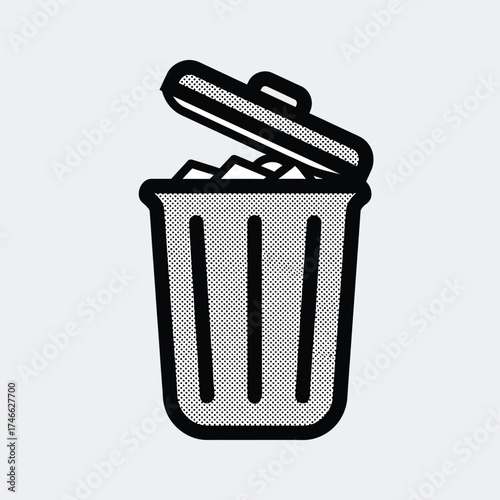 Vector illustration of open trash can with garbage in line art style