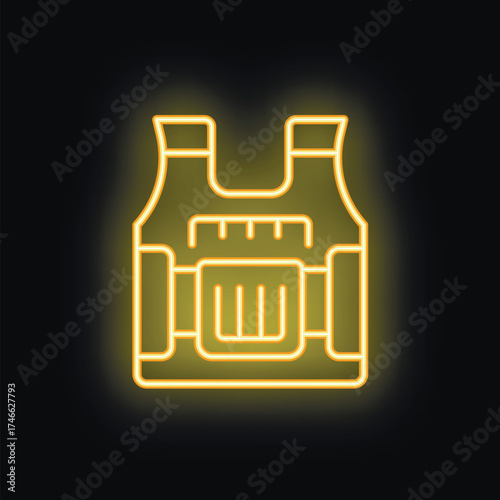 Yellow neon icon of a bulletproof vest glowing on black background, representing safety and protection