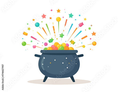 A cartoon illustration of a dark cauldron overflowing with colorful candies and an explosion of festive elements like stars, lollipops, and confetti.