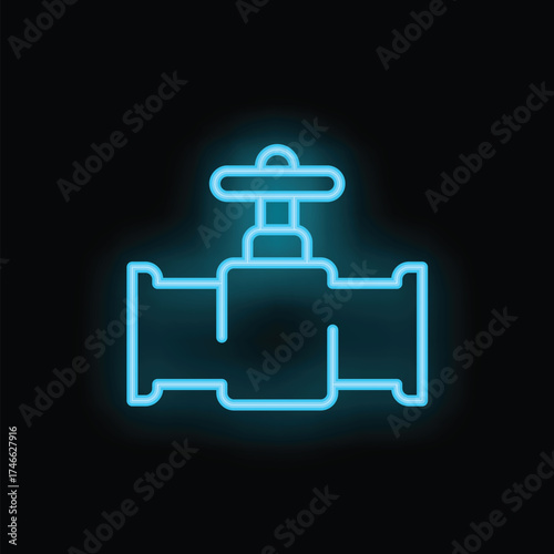 Neon blue valve icon glowing on a black background, perfect for representing plumbing services