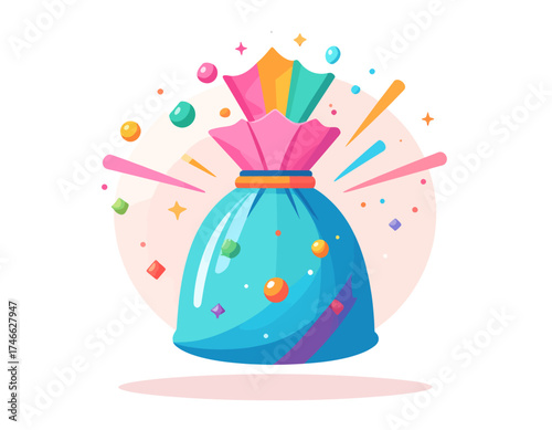 Vibrant cartoon illustration of a festive gift bag bursting with colorful confetti and sparkles.