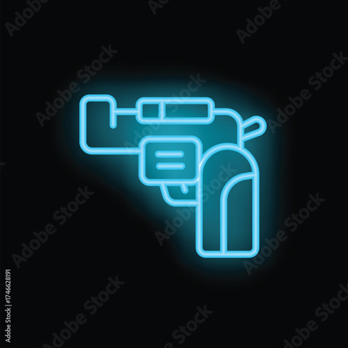 Bright blue neon icon of a revolver with silencer glowing against a dark background