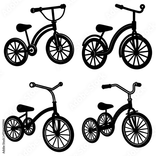 Four black and white tricycle illustrations with different handlebar designs and seat positions shown