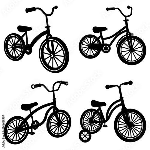 Four black silhouette illustrations of children's bicycles and tricycles on a white background display