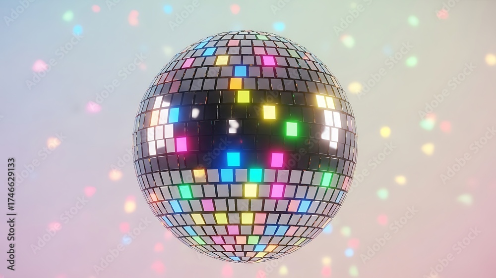 Obraz premium Vibrant Disco Ball with Colorful Reflections and Glittering Lights Creating a Festive Atmosphere for Celebrations, Dance Events, Nightlife, and Party Environments