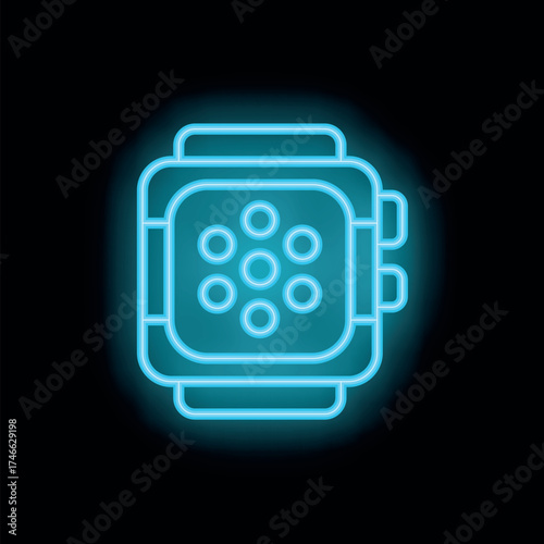 Bright blue neon smartwatch radiating on dark background, representing modern wearable technology