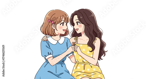 Two cute anime girls sitting together, friendship concept, vector style.