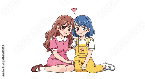 Two cute anime girls sitting together, friendship concept, vector style.