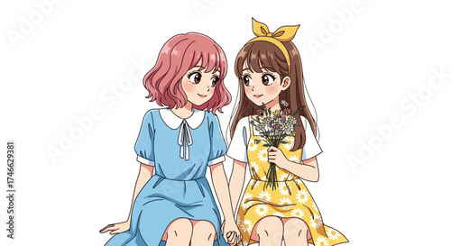 Two cute anime girls sitting together, friendship concept, vector style.