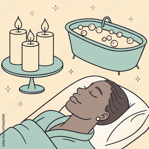 Woman relaxing in a bathtub with candles