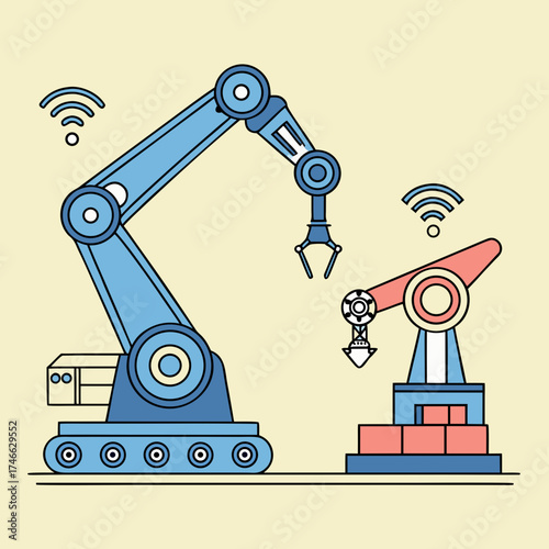 Two robotic arms performing tasks in a modern factory setting illustration