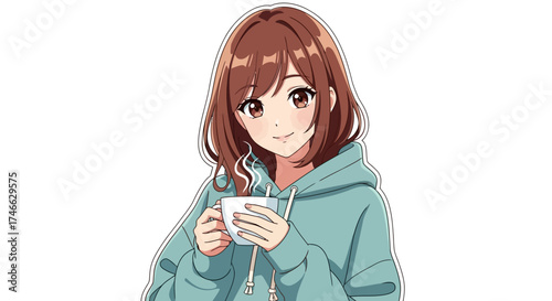 Brown-haired anime girl wearing hoodie holding coffee cup, flat vector design.