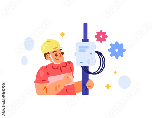 A concept of a fiber optic technician. Illustration of a man performing maintenance and repairs on an ODP or Optical Distribution Point. Profession and job. Flat style design. White background.