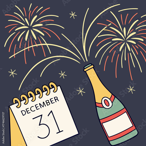 New year celebration illustration with fireworks, calendar and champagne bottle