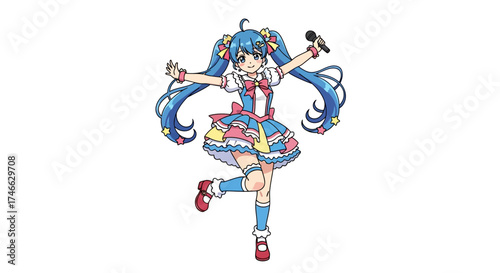 Blue-haired anime idol girl dancing, kawaii expression, flat vector art.