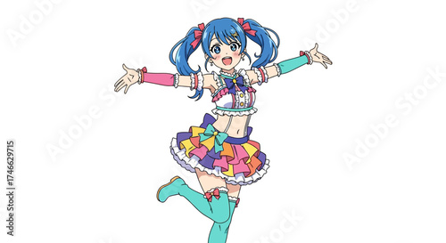 Blue-haired anime idol girl dancing, kawaii expression, flat vector art.