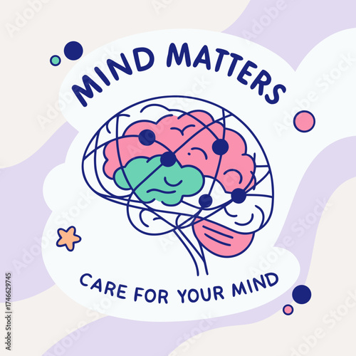 Mind matters illustration with brain and care message on light background