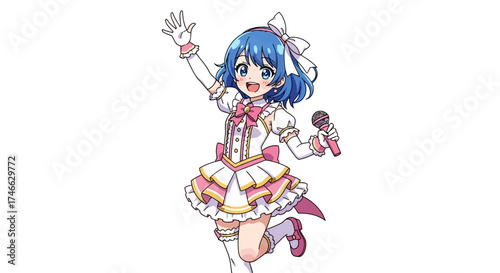 Blue-haired anime idol girl dancing, kawaii expression, flat vector art.