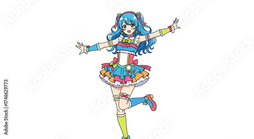 Blue-haired anime idol girl dancing, kawaii expression, flat vector art.