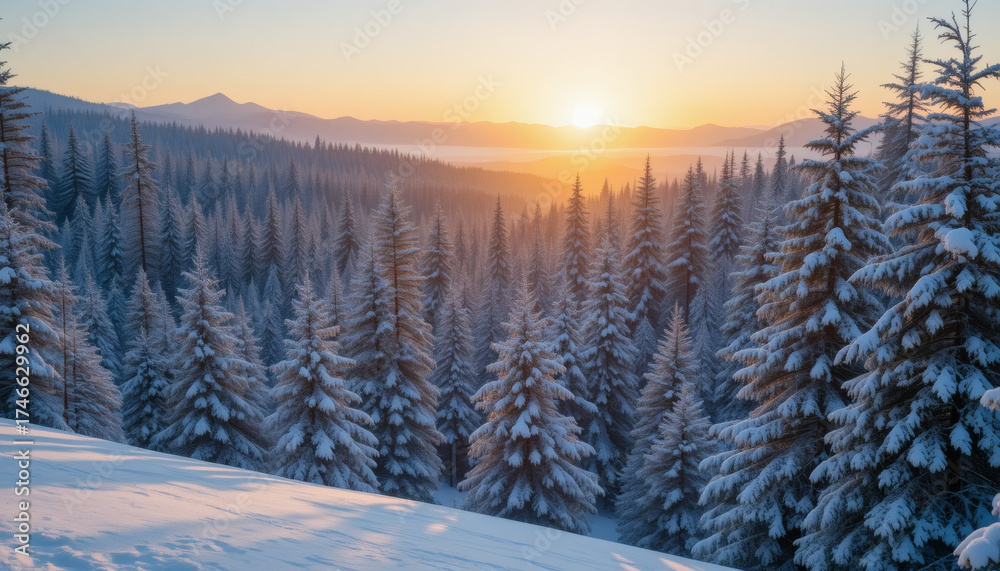 Obraz premium A snow-covered pine forest at dawn with golden sunlight peeking through the trees 