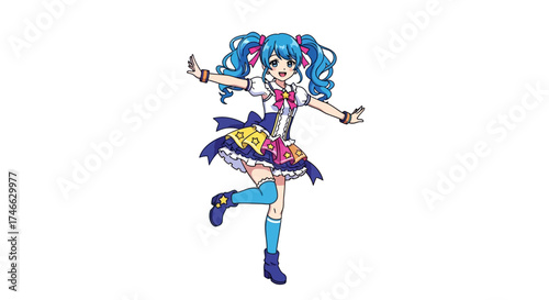Blue-haired anime idol girl dancing, kawaii expression, flat vector art.