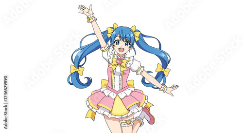Blue-haired anime idol girl dancing, kawaii expression, flat vector art.
