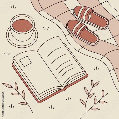Cozy picnic scene with a book, coffee, and slippers on a checkered blanket