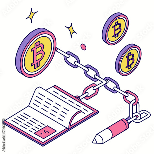 Blockchain technology concept with bitcoin and ledger