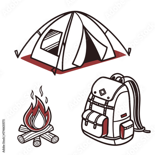 Camping equipment including a tent, campfire, and backpack