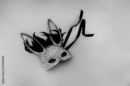 Luxury rhinestone bunny mask with black feathers on gray background, elegant masquerade accessory for Halloween costume or carnival party