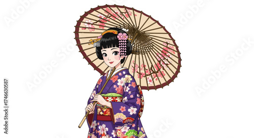 Japanese anime girl wearing kimono holding umbrella, flat vector illustration, white background.