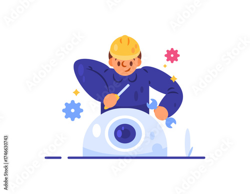 A CCTV technician concept. Illustration of a man installing or setting up a surveillance or security camera. Profession and work. security technology. Flat style design. White background.