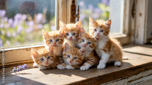 Cute orange kittens in warm sunlight with soft fur for cozy poster, decor, card and product display