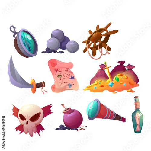 Collection of pirate treasure and artifacts sword, spyglass, map, gold, and skull emblem