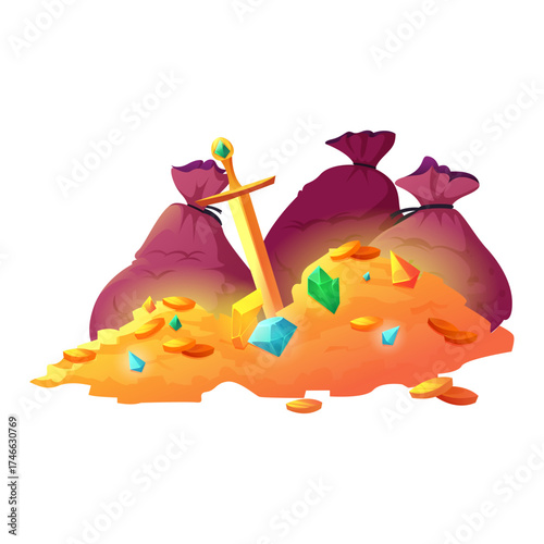 Treasure Chest Full of Gold Coins, Jewels, and a Sword on White Background