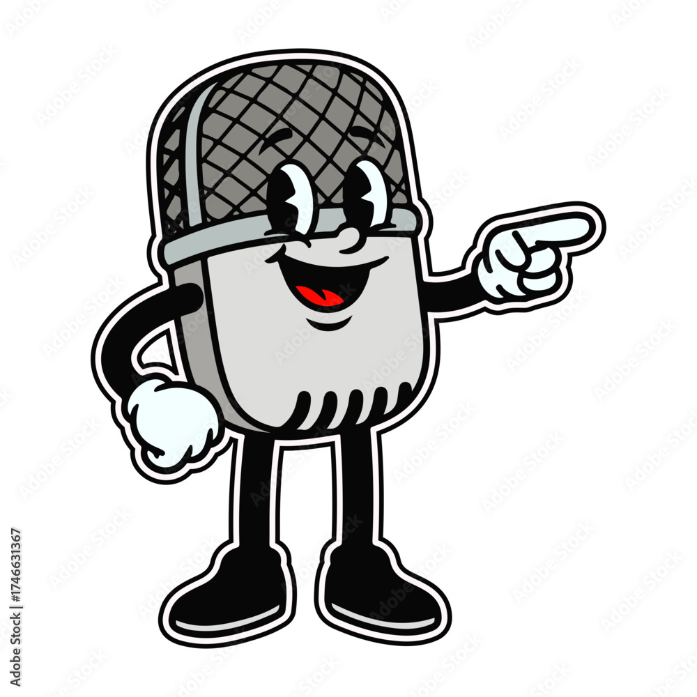 Obraz premium Microphone Cartoon Character, Retro Music Mascot Illustration for Podcast and Studio Branding