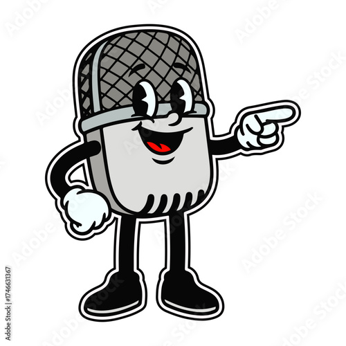 Microphone Cartoon Character, Retro Music Mascot Illustration for Podcast and Studio Branding