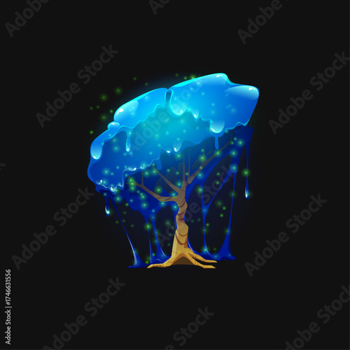 Magical glowing tree with blue luminous sap dripping from branches on a dark background