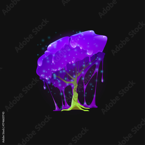 Enchanted fantasy tree with a luminous purple canopy and dripping magical slime on black background