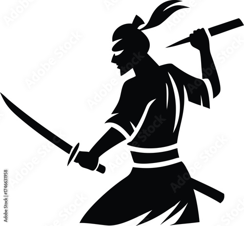 Black vector silhouette illustration of a medieval knight with a sword and shield