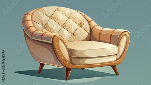 Very beautiful close-up light beige leather chair with soft cushion, elegant stitching details, modern 3D render design for cozy interiors, comfort and sophistication in minimalist contemporary vector