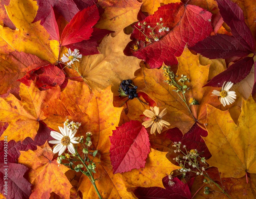 Obraz premium Herbstlaub mit Wildblumen