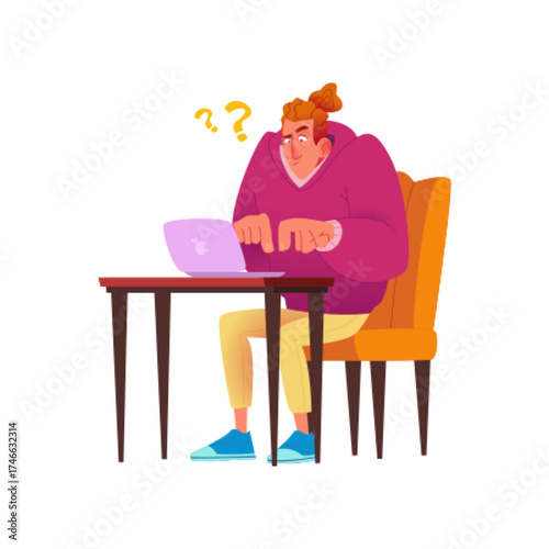 Young Man Confused Working Laptop. Frustrated Freelancer Problem Solving