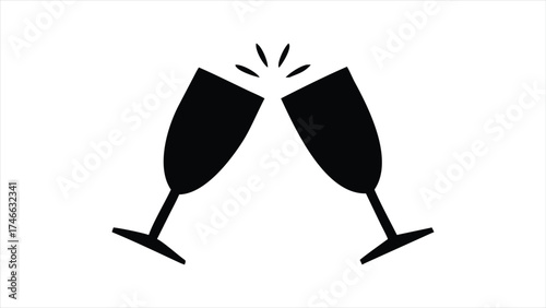 Celebration cheers, two champagne flutes clinking together, sparkles, toast, event, festive occasion, joyful moment, romantic toast, alcoholic beverage, and delight.