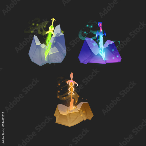 Three glowing magical swords embedded in rocks with mystical energy swirling around them