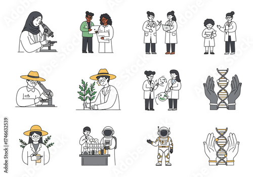 Diverse Scientists and Scientific Pursuits: A Doodle Illustration.