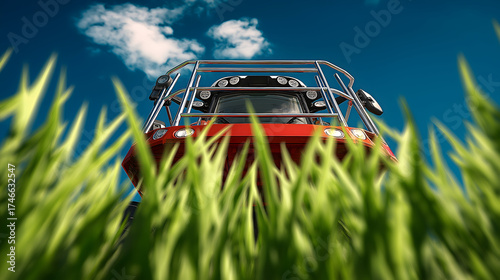 Low-angle view of red tractor under cloudy blue sky